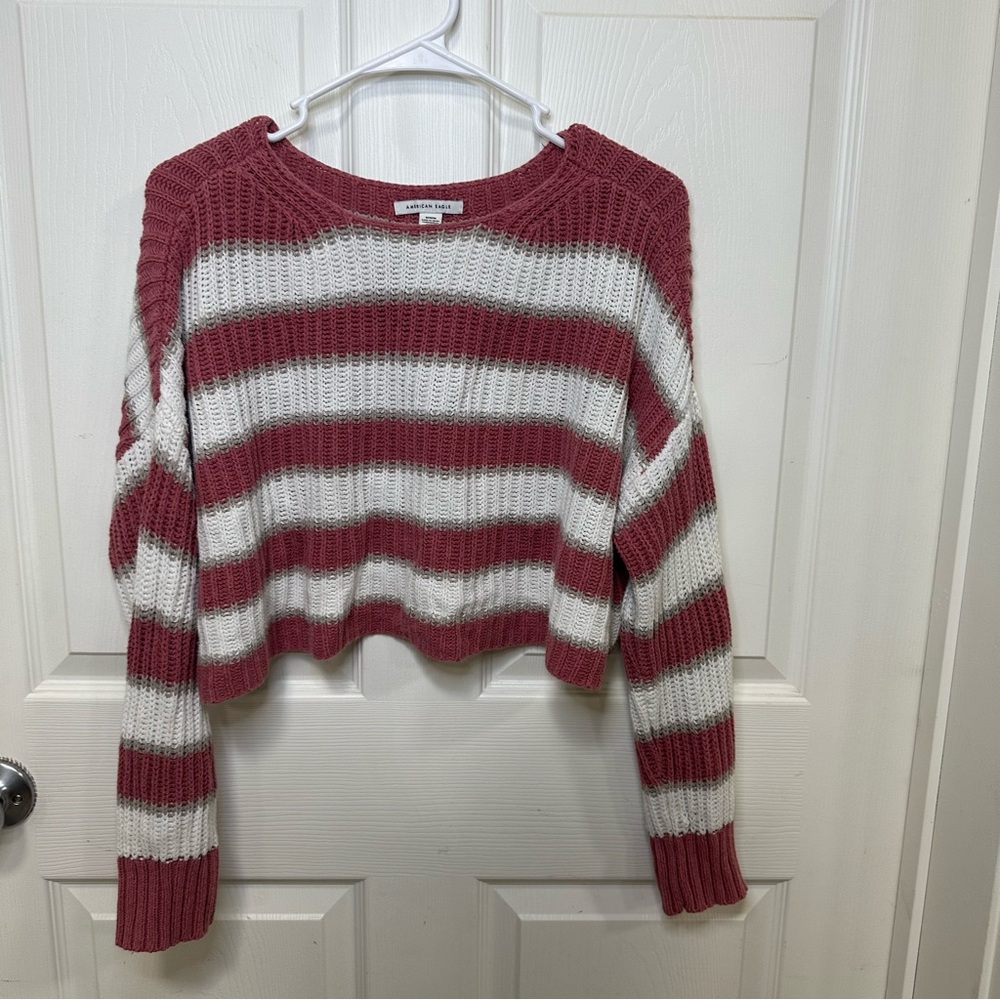 American Eagle Cropped Pink and White Striped Crew Neck Sweater